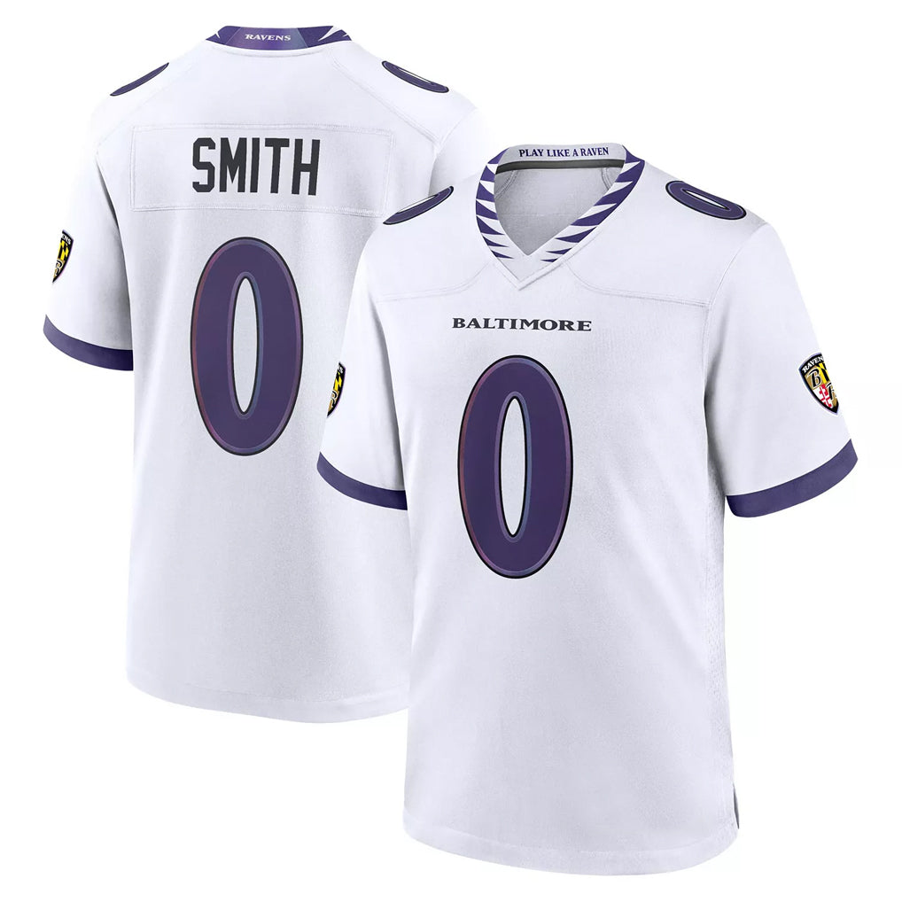 B.Ravens #0 Roquan Smith Player White Purple Home Game Edoa Stitched Jerseys