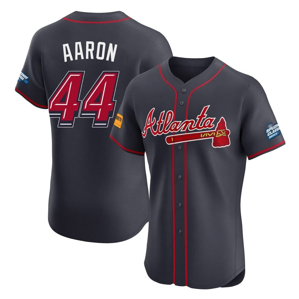 A.Braves #44 Hank Aaron Player Navy 2025 Speedway Classic Limited Elite Home Game Edoa Stitched Jerseys