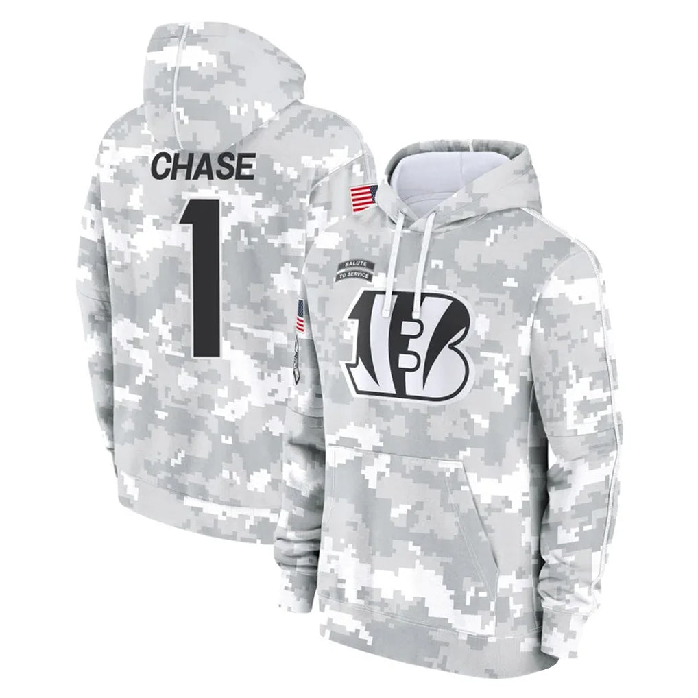 C.Bengals #1 Ja'Marr Chase Player Arctic Camo Salute to Service Pullover Hoodie Limited Edoa Stitched Jerseys