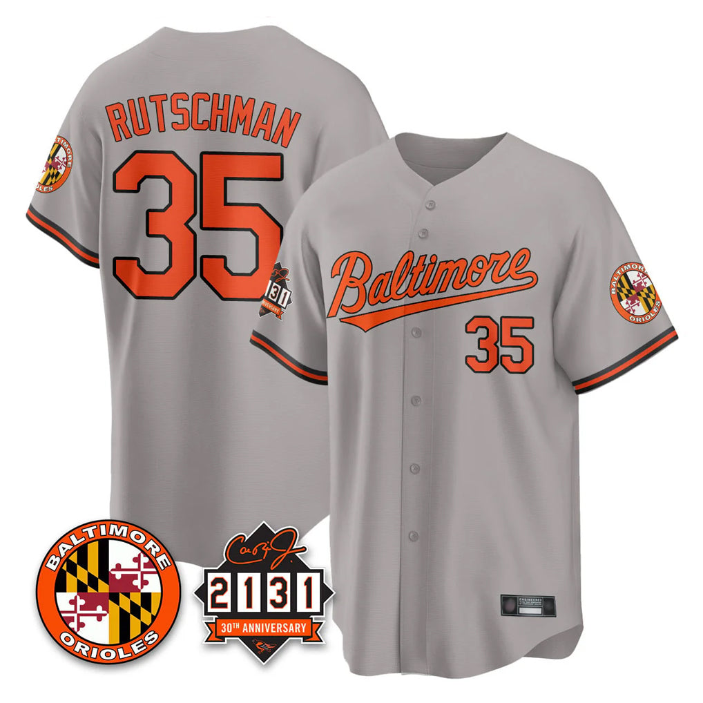 B.Orioles #35 Adley Rutschman Player Gray 30th Anniversary of 2131 Home Game Edoa Stitched Jerseys
