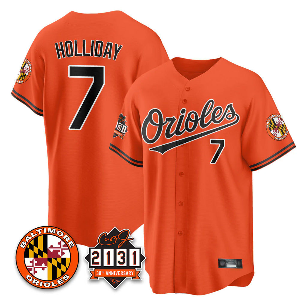 B.Orioles #7 Jackson Holliday Player Orange 30th Anniversary of 2131 Home Game Edoa Stitched Jerseys