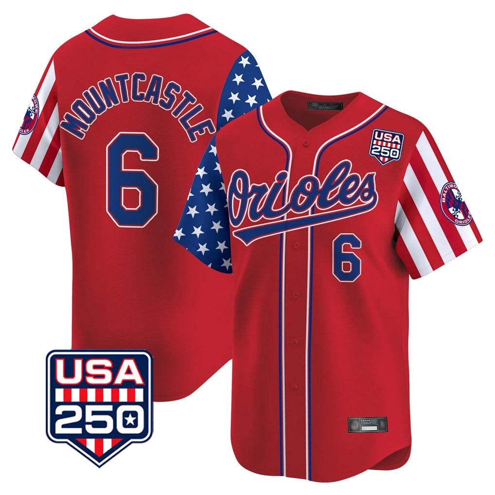 B.Orioles #6 Ryan Mountcastle Player Red USA 250 Independence Day Vapor Premier Limited Home Game Edoa Stitched Jerseys