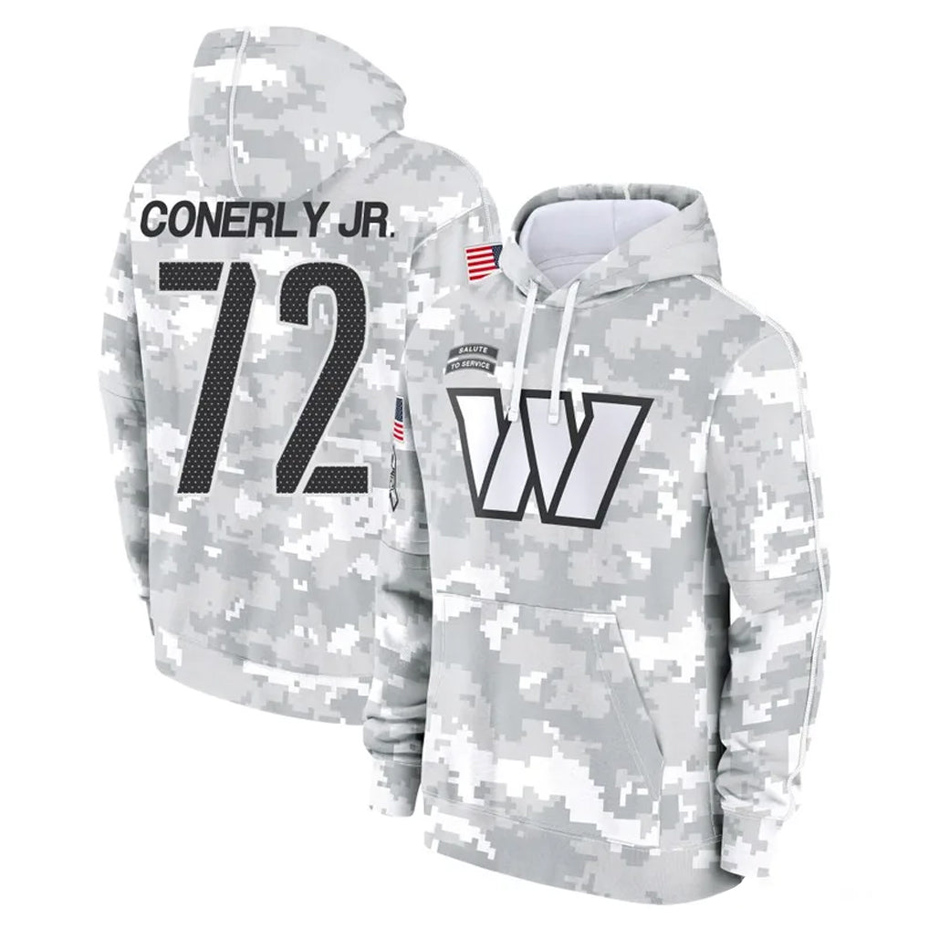 W.Commanders #72 Josh Conerly Jr. Player Arctic Camo Limited Salute to Service Pullover Hoodies Game Edoa Stitched Jerseys