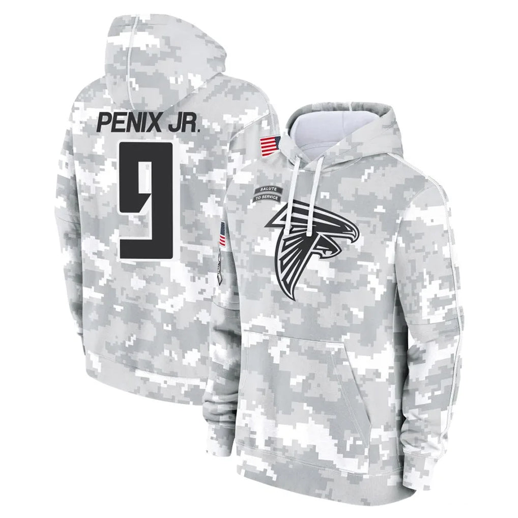 A.Falcons #9 Michael Penix Jr. Player Arctic Camo Salute to Service Limited Hoodie Edoa Stitched Jerseys