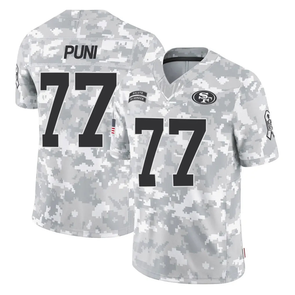 SF.49ers #77 Dominick Puni Player Arctic Camo Limited Salute To Service Home Game Edoa Stitched Jerseys