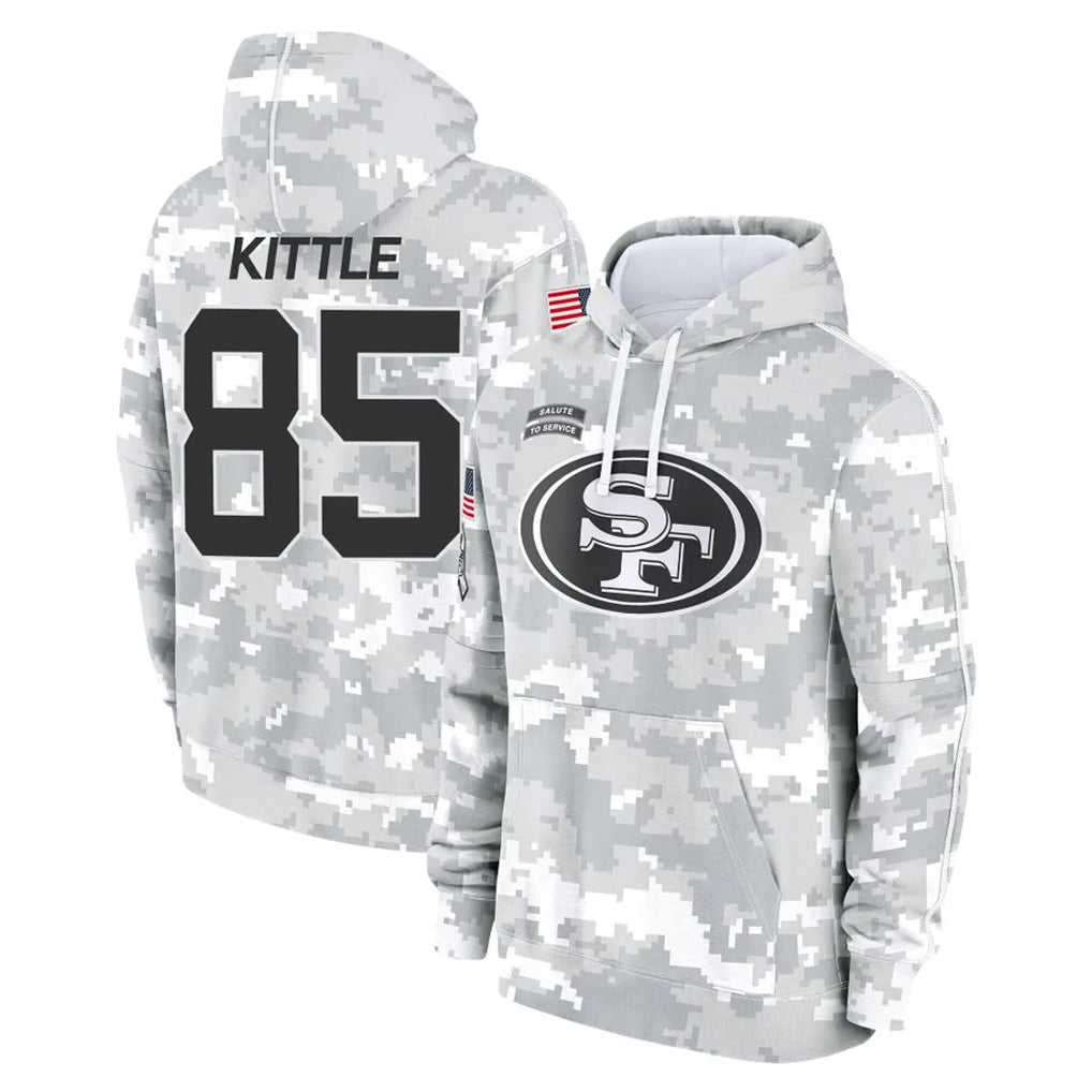 SF.49ers #85 George Kittle Player Arctic Camo Limited Salute to Service Pullover Hoodies Game Edoa Stitched Jerseys