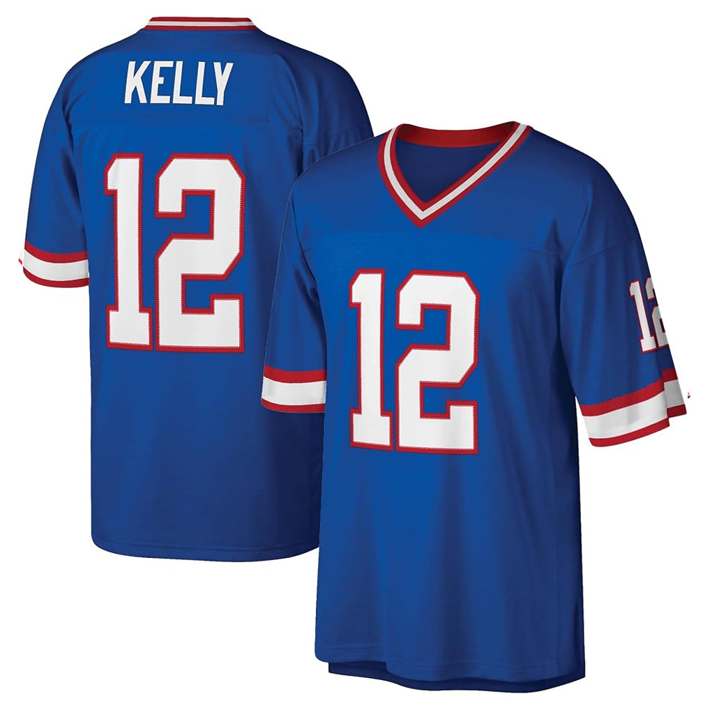 B.Bills #12 Jim Kelly Player Blue Replica Throwback Limited Edoa Stitched Jerseys
