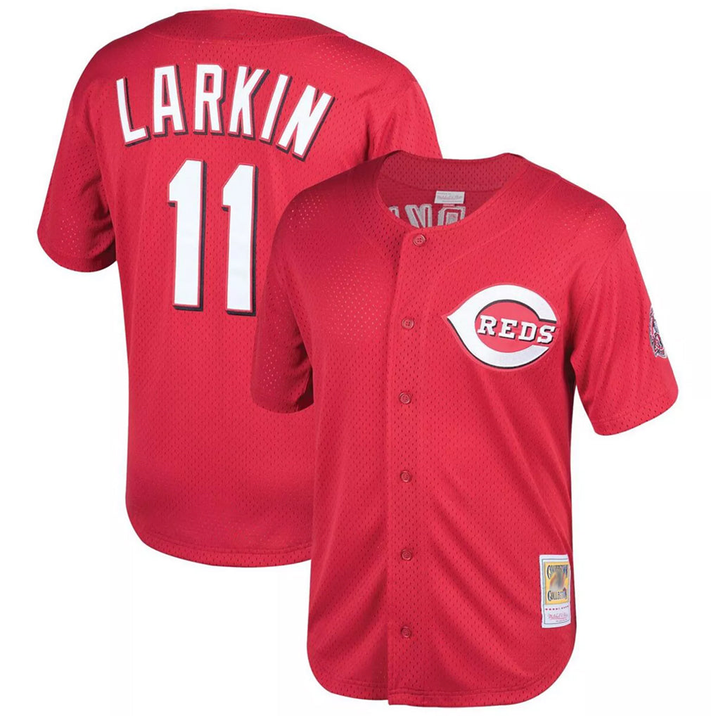 C.Reds #11 Barry Larkin Player Red Mitchell & Ness Throwback Cooperstown Mesh Game Edoa Stitched Jerseys