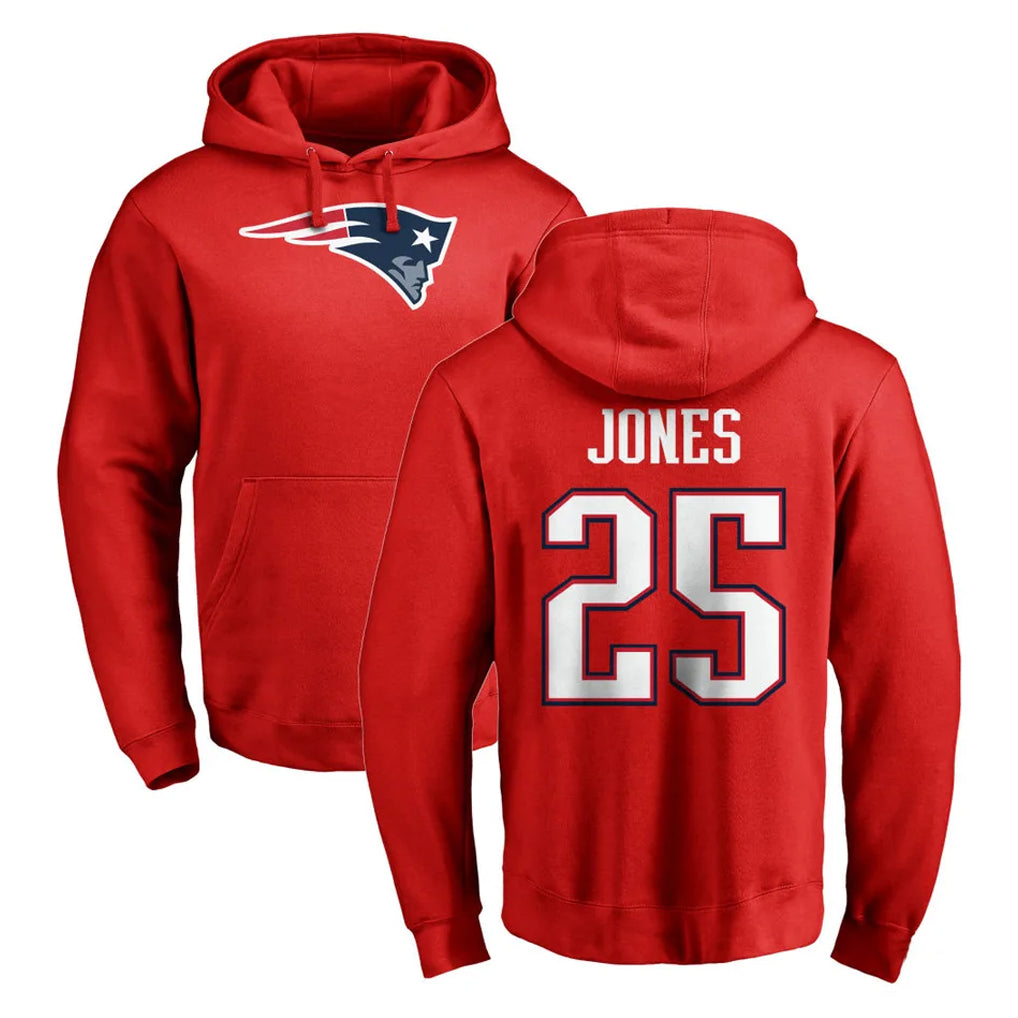 NE.Patriots #25 Marcus Jones Player Red LOGO Pullover Hoodies Home Game Edoa Stitched Jerseys