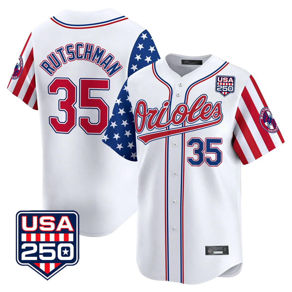 B.Orioles #35 Adley Rutschman Player White USA 250 Independence Day Vapor Premier Home Game Edoa Stitched Jerseys