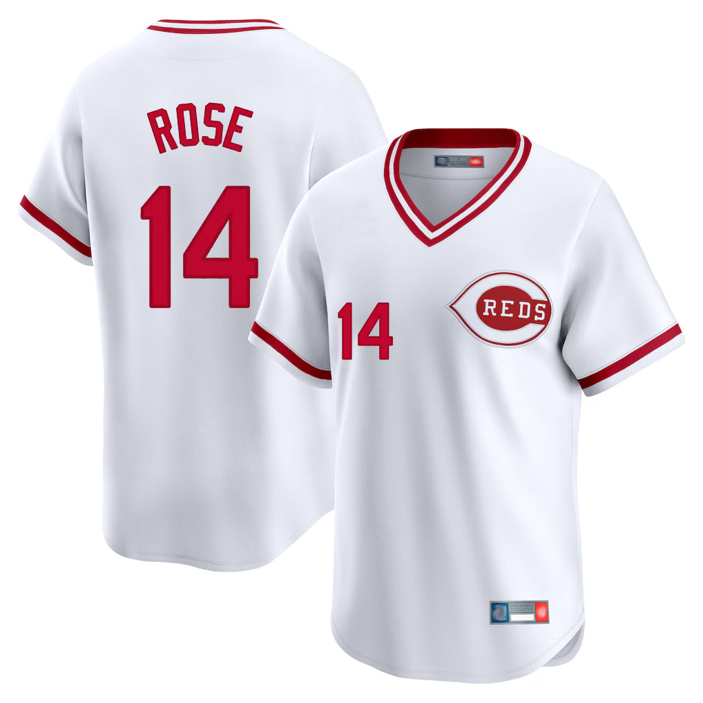 C.Reds #14 Pete Rose Player White Cooperstown Collection Limited T-shirt Home Edoa Stitched Jerseys