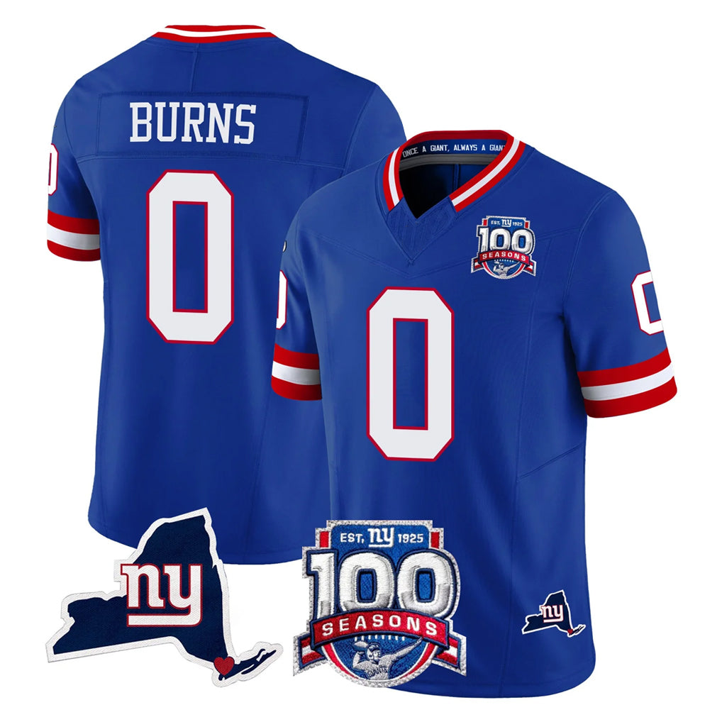 NY.Giants #0 Brian Burns Player Royal 100th Season & State Patch Vapor Limited Home Game Edoa Stitched Jerseys