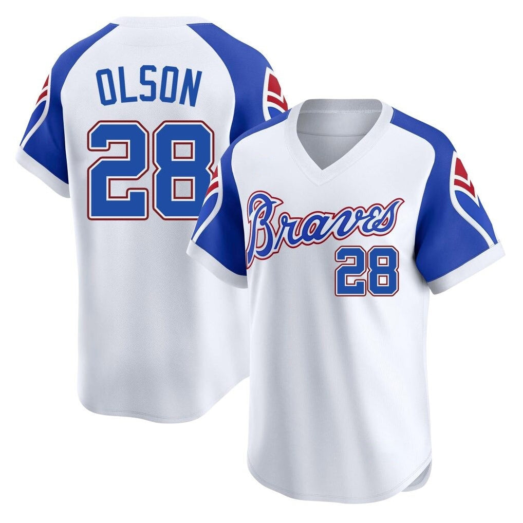 A.Braves #28 Matt Olson Player White Throwback Cooperstown Collection T-shirt Game Edoa Stitched Jerseys