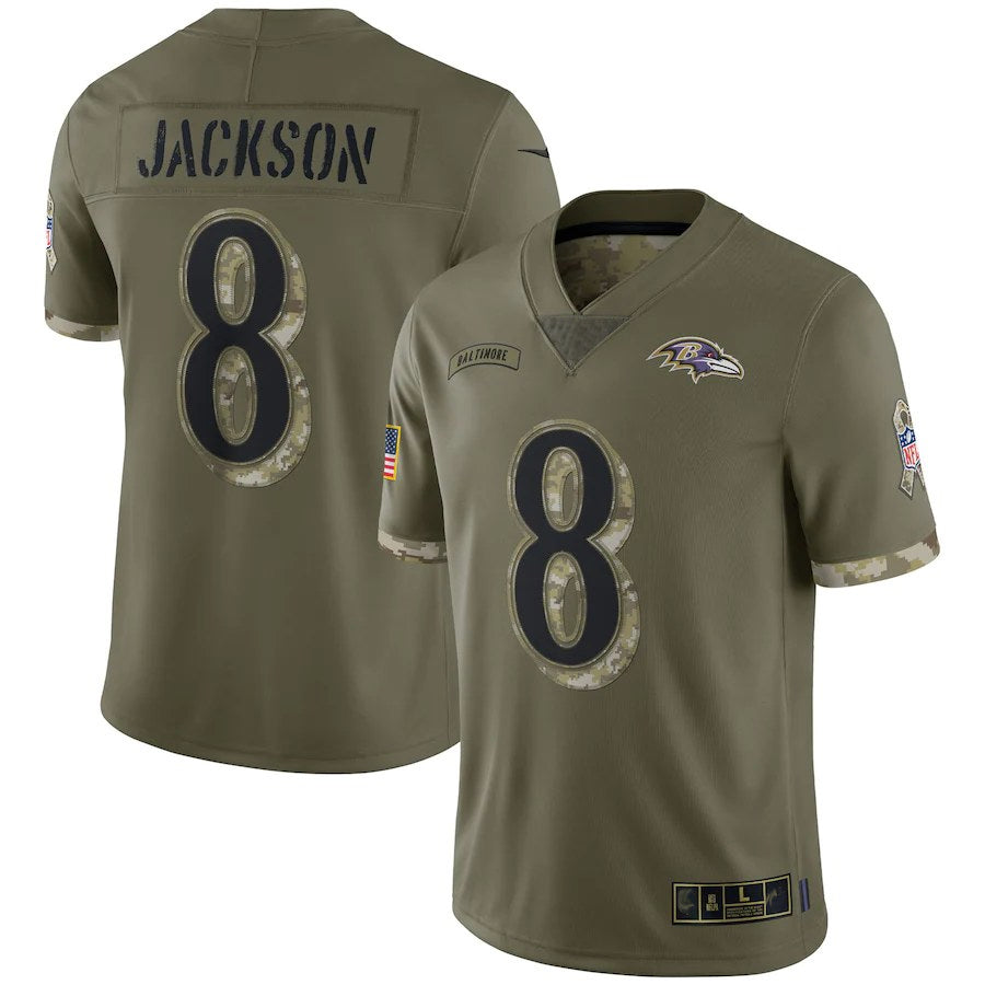 B.Ravens #8 Lamar Jackson Player Olive Salute To Service Edoa Stitched Jerseys