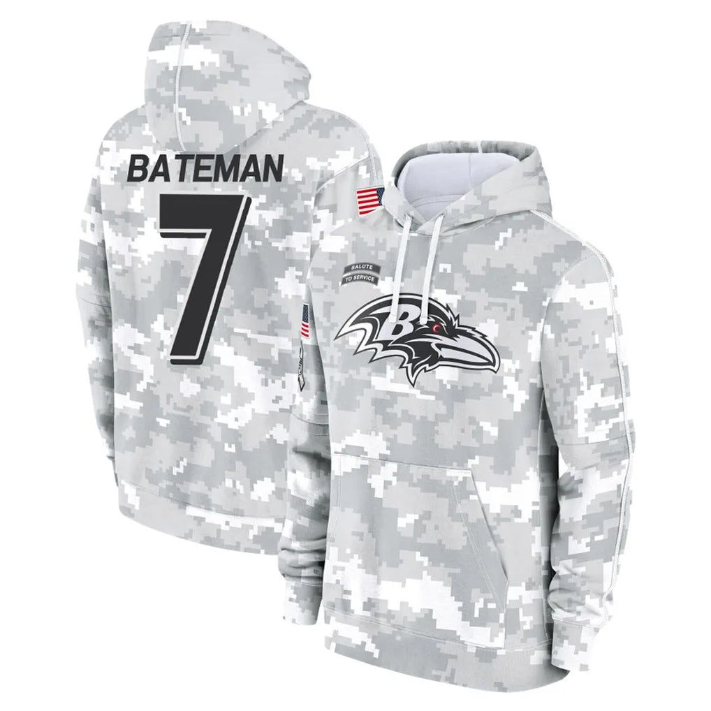 B.Ravens #7 Rashod Bateman Player Arctic Camo Salute to Service Pullover Hoodie Edoa Stitched Jerseys