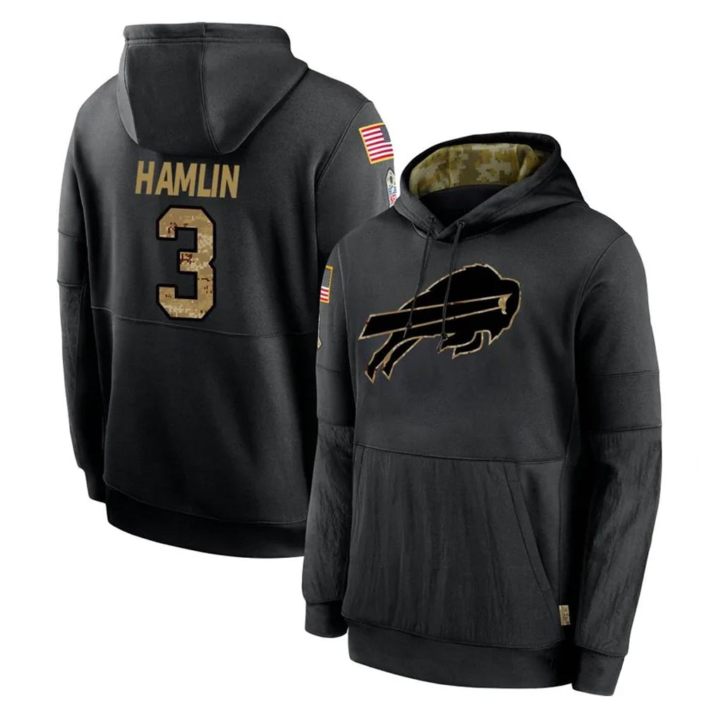 B.Bills #3 Damar Hamlin Player Black Salute to Service Hoodies Edoa Stitched Jersey