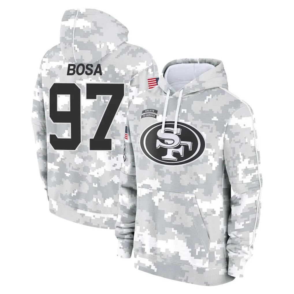 SF.49ers #97 Nick Bosa Player Arctic Camo Limited Salute to Service Pullover Hoodies Game Edoa Stitched Jerseys