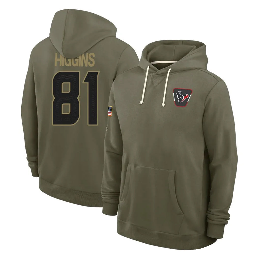 H.Texans #81 Jayden Higgins Player Olive Salute to Service Pullover Hoodies Limited Edoa Stitched Jerseys