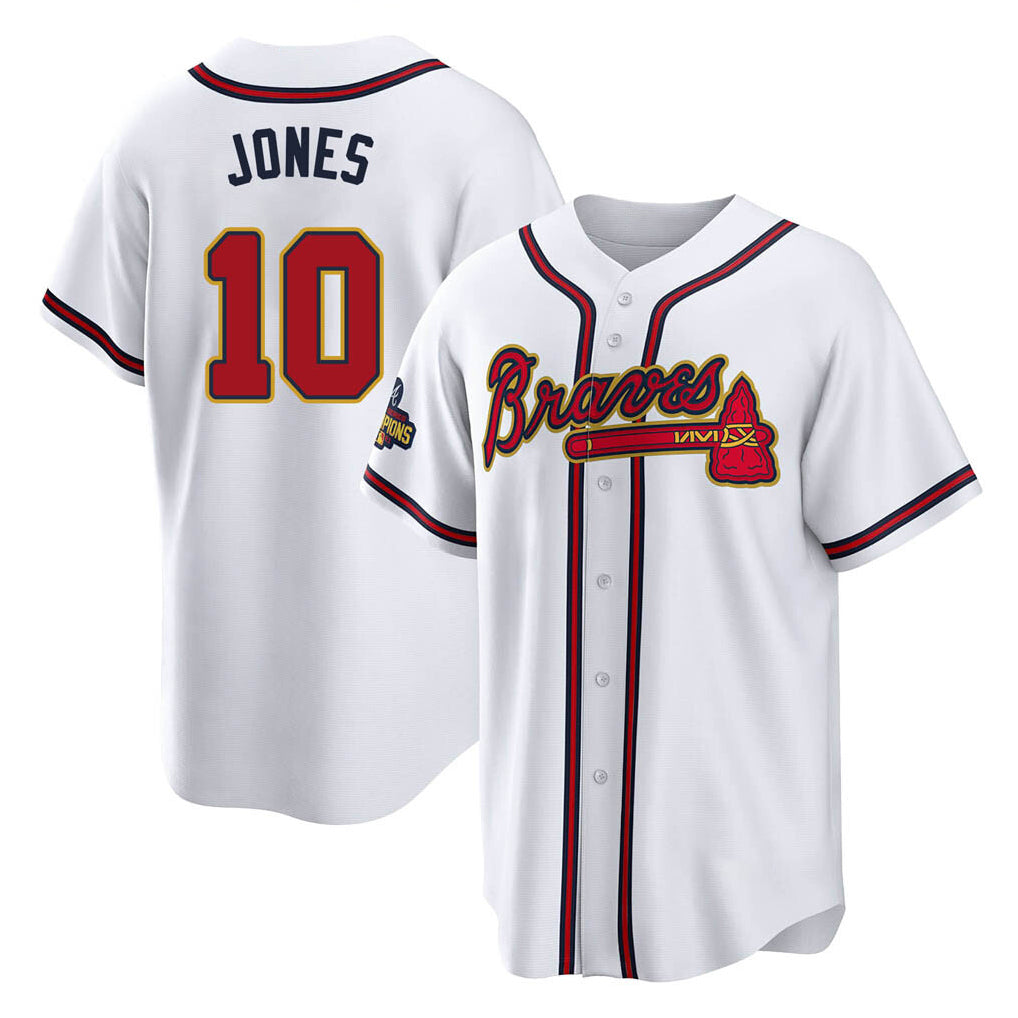 A.Braves #10 Chipper Jones Player White Gold Home Game Edoa Stitched Jerseys