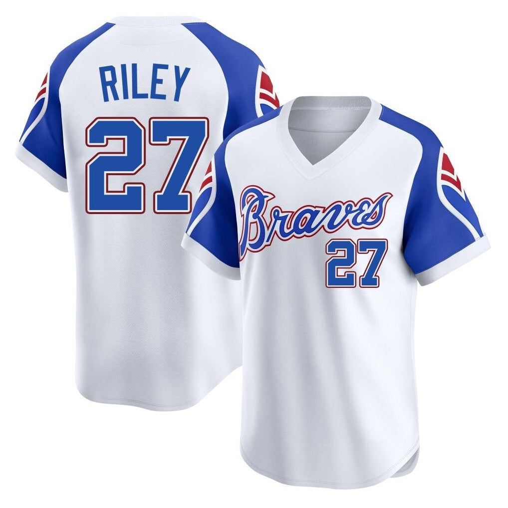 A.Braves #27 Austin Riley Player White Throwback Cooperstown Collection T-shirt Game Edoa Stitched Jerseys