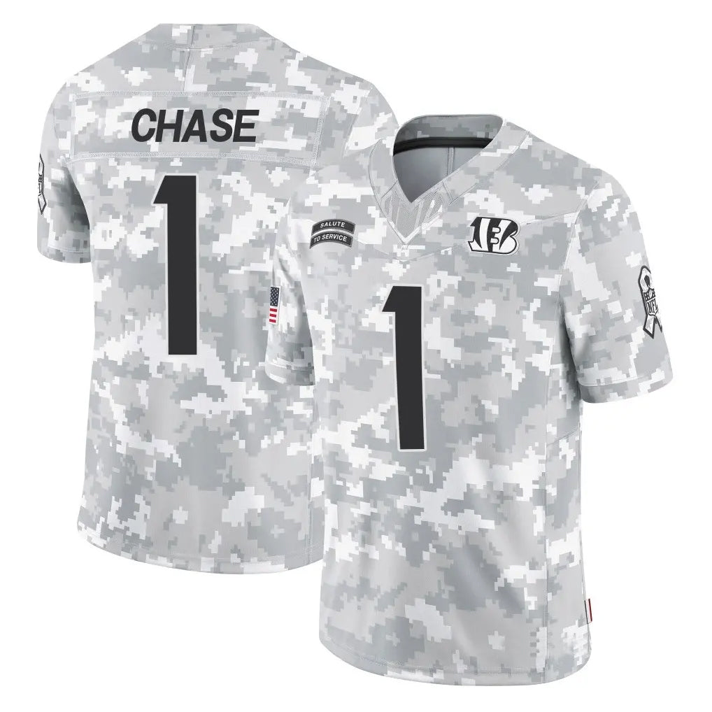 C.Bengals #1 Ja'Marr Chase Player Arctic Camo Salute to Service Limited Edoa Stitched Jerseys