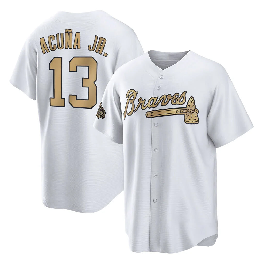 A.Braves #13 Ronald Acuna Jr Player White-Gold All-Star Home Game Edoa Stitched Jerseys