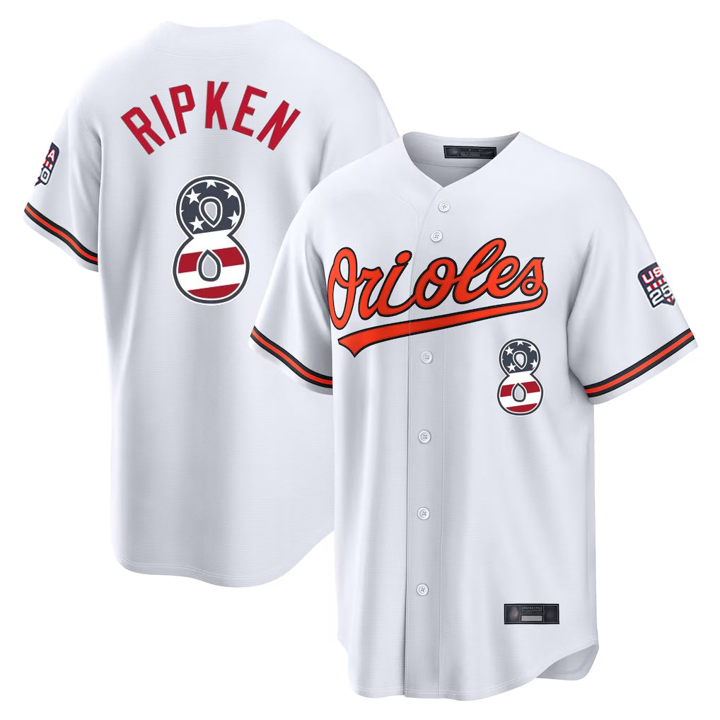 B.Orioles #8 Cal Ripken Player White USA 250 Fourth of July Home Game Edoa Stitched Jerseys
