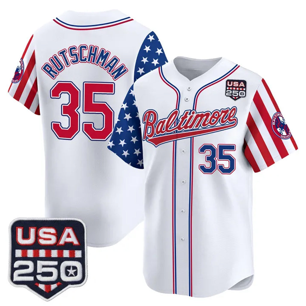 B.Orioles #35 Adley Rutschman Player White USA 250 Independence Day Vapor Premier Limited Home Game Edoa Stitched Jerseys