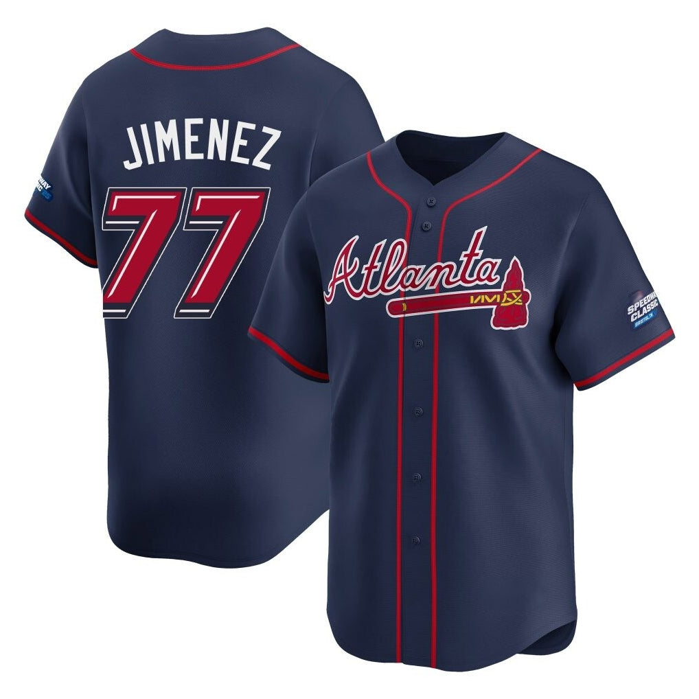A.Braves #77 Joe Jimenez Player Navy 2025 Speedway Classic Home Game Edoa Stitched Jerseys