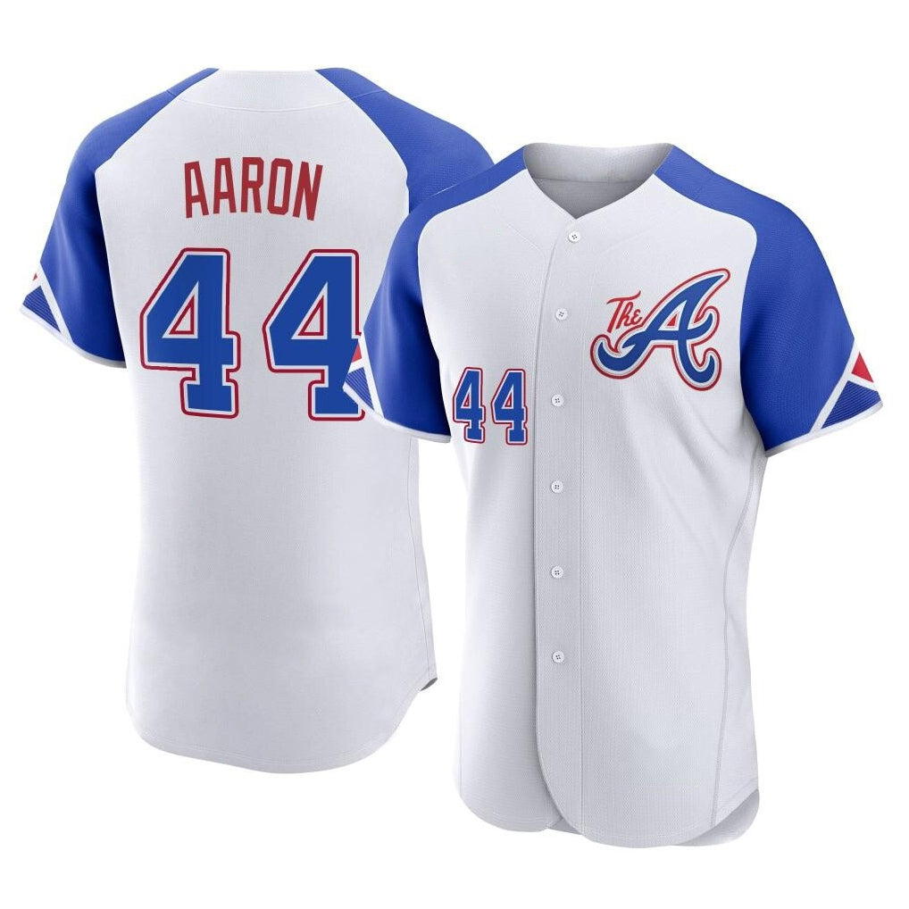 A.Braves #44 Hank Aaron Player White City Connect Limited Elite Home Game Edoa Stitched Jerseys