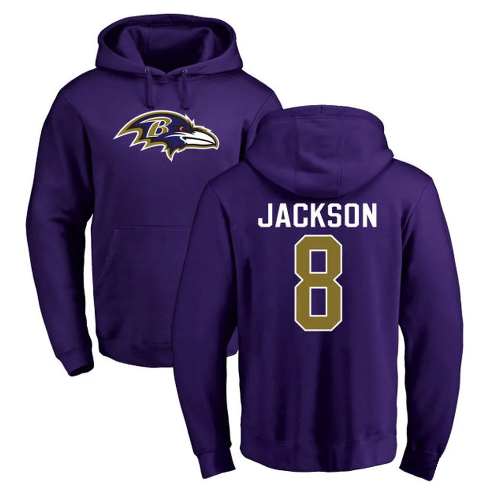 B.Ravens #8 Lamar Jackson Player Purple Salute to Service Pullover Hoodie Edoa Stitched Jerseys