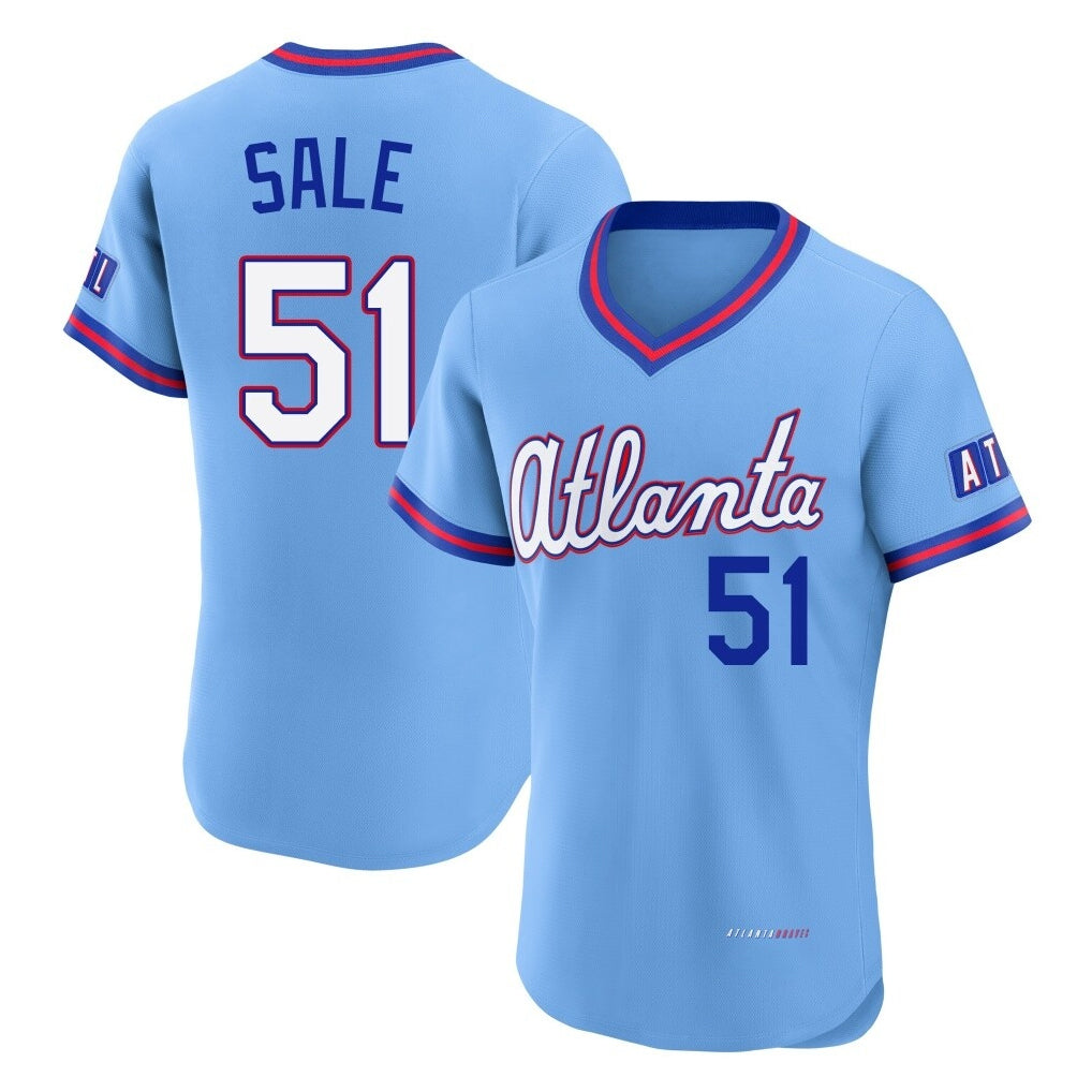 A.Braves #51 Chris Sale Player Powder Blue 2026 City Connect T-shirt Limited Elite Home Game Edoa Stitched Jerseys