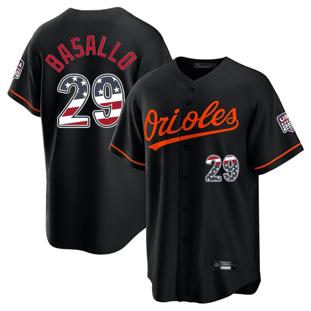 B.Orioles #29 Samuel Basallo Player Black USA 250 Fourth of July Home Game Edoa Stitched Jerseys