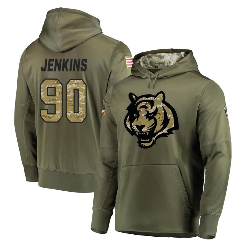 C.Bengals #90 Kris Jenkins Jr Player Olive Salute to Service Pullover Hoodies Home Game Edoa Stitched Jerseys