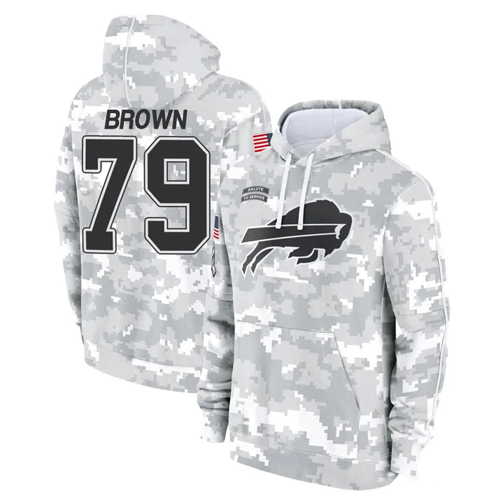 B.Bills #79 Spencer Brown Player Arctic Camo Salute to Service Hoodies Edoa Stitched Jerseys