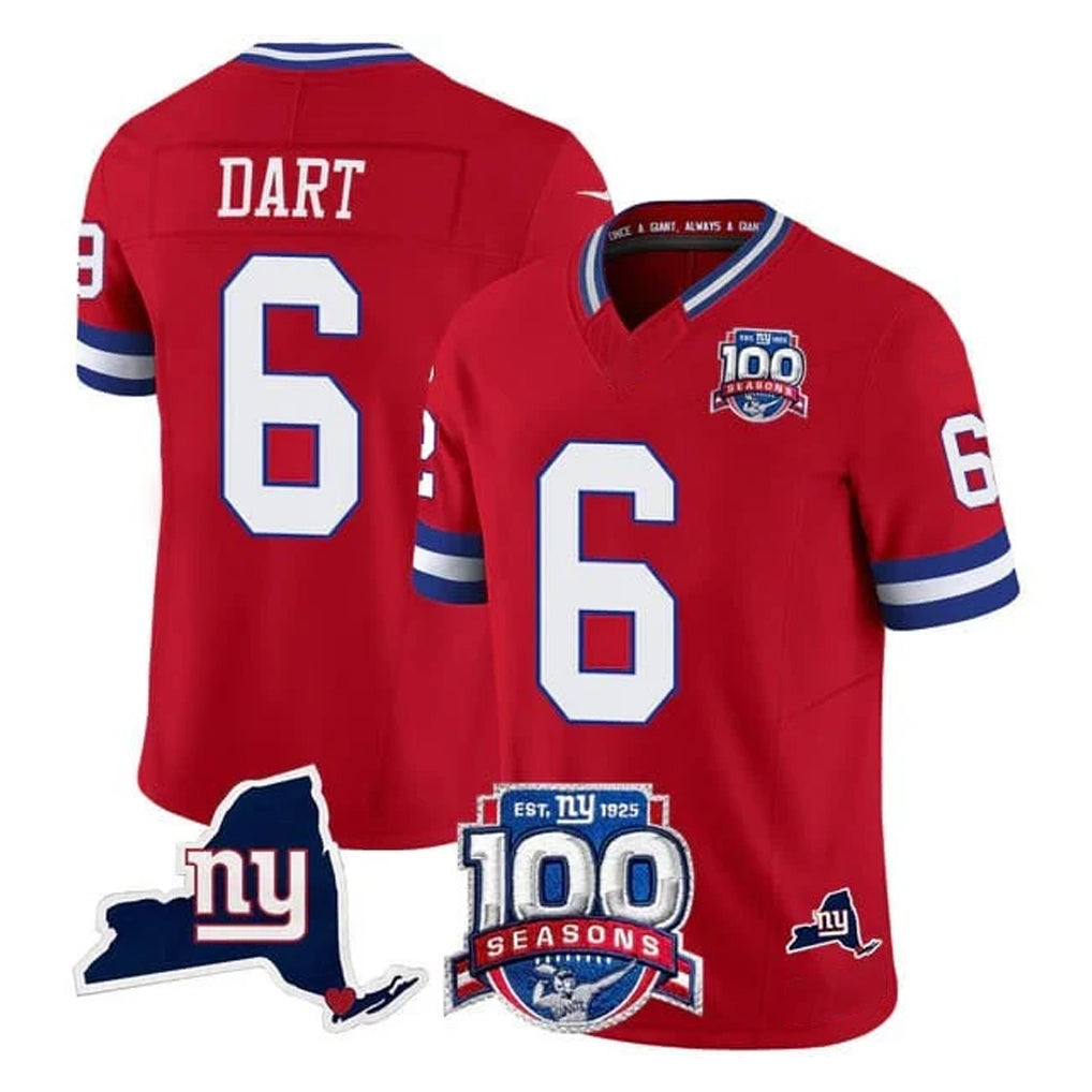 NY.Giants #6 Jaxson Dart Player Red 100th Season & State Patch Vapor Limited Home Game Edoa Stitched Jerseys