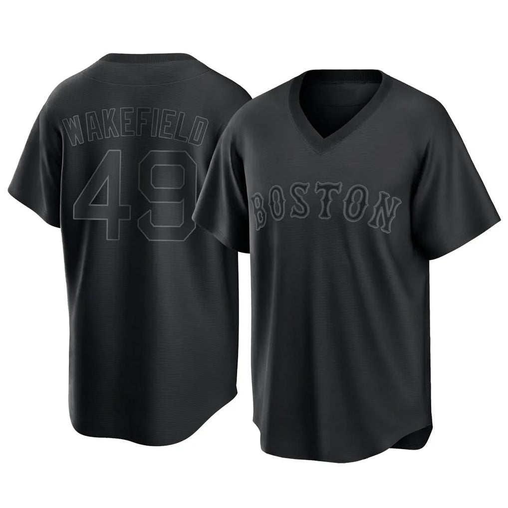 B.Red Sox #49 Tim Wakefield Player Black T-shirt Home Game Edoa Stitched Jerseys