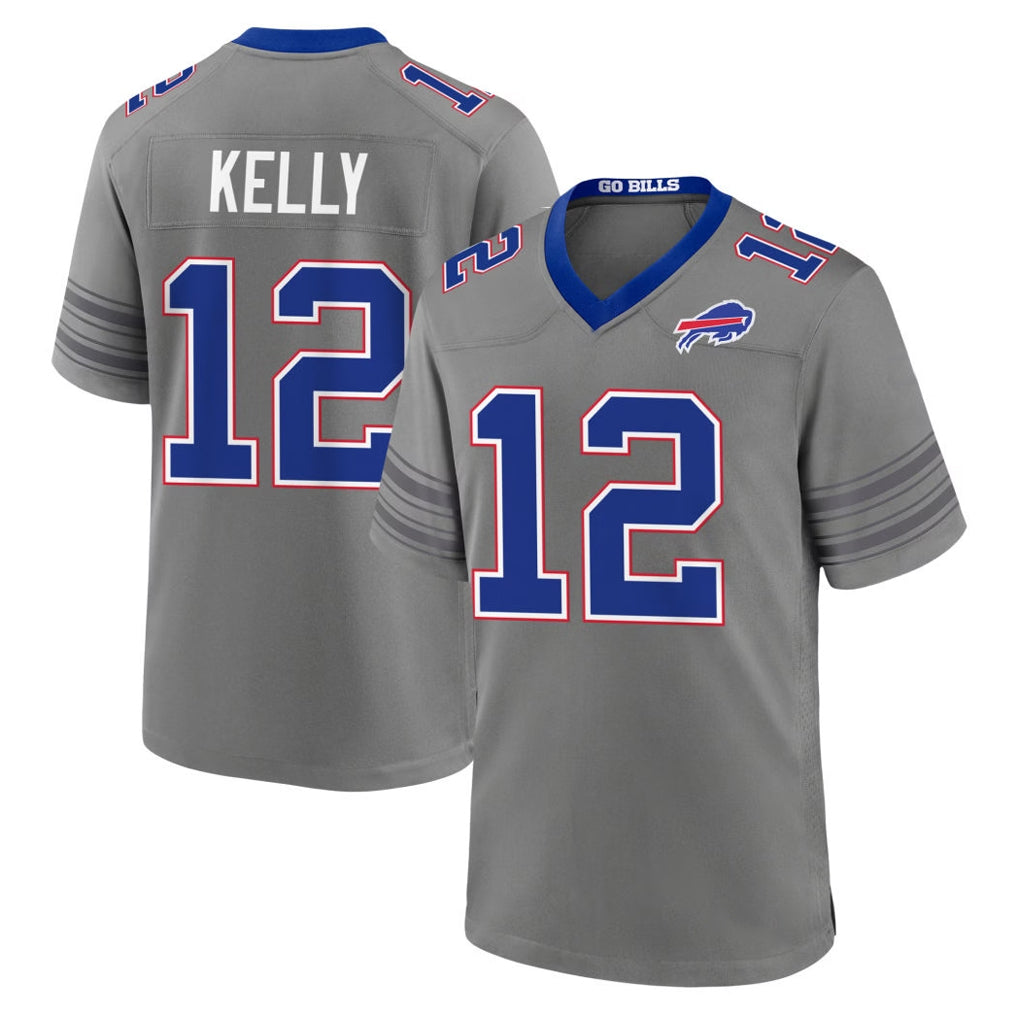 B.Bills #12 Jim Kelly Player Gray Nickel City Home Game Edoa Stitched Jerseys