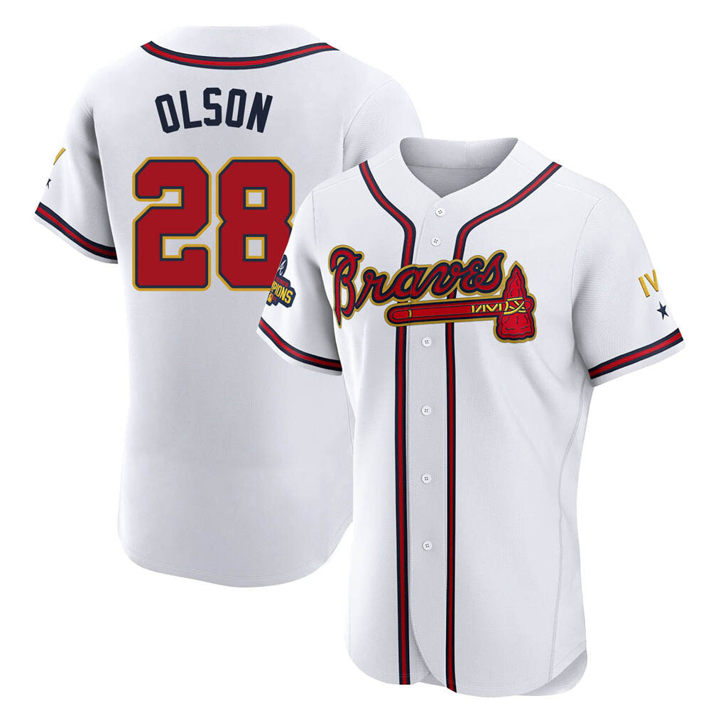 A.Braves #28 Matt Olson Player White Gold Limited Elite Home Game Edoa Stitched Jerseys