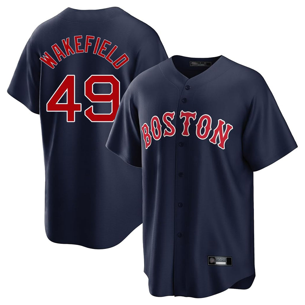 B.Red Sox #49 Tim Wakefield Player Navy Home Game Edoa Stitched Jerseys