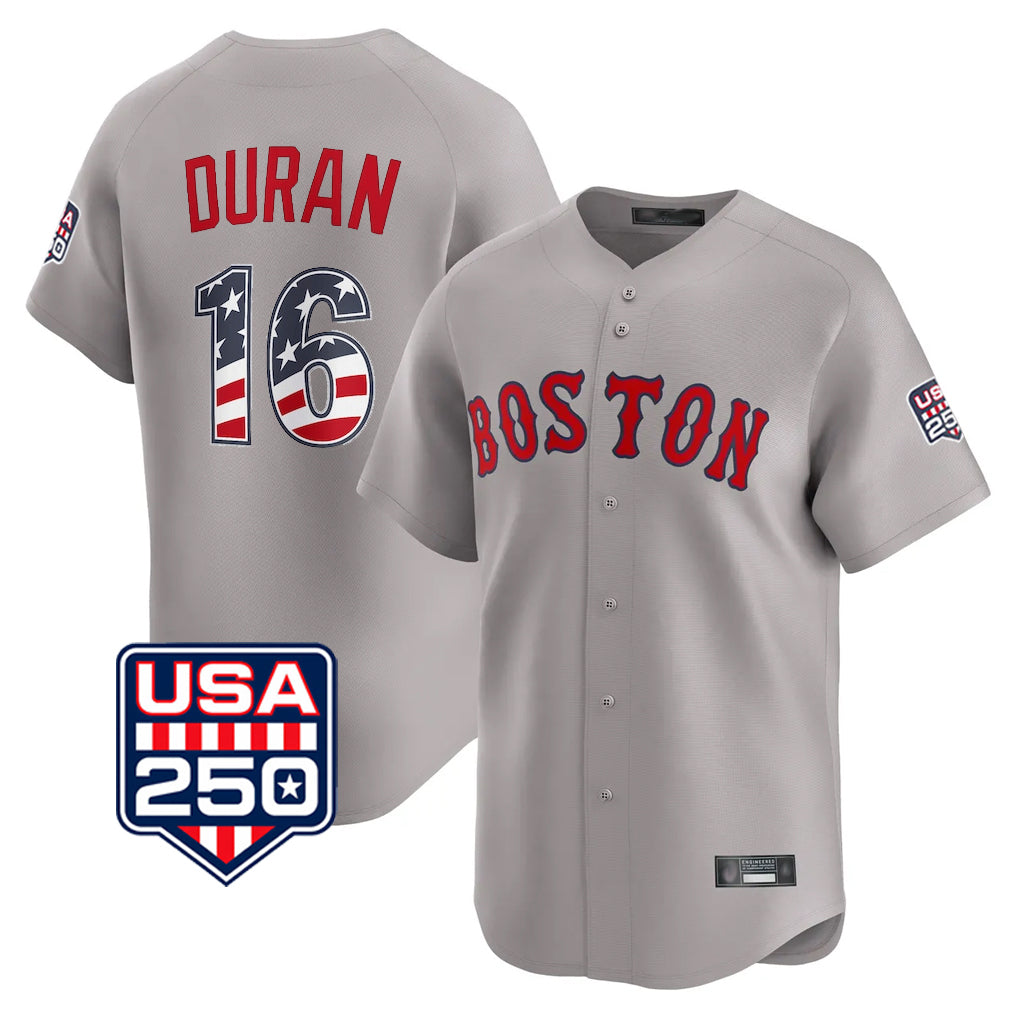 B.Red Sox #16 Jarren Duran Player Gray Road USA 250 Fourth of July Limited Home Game Edoa Stitched Jerseys