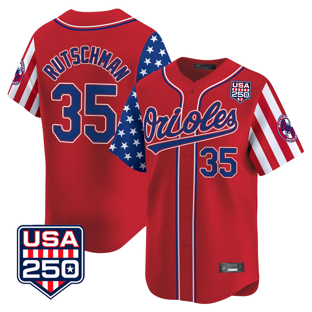 B.Orioles #35 Adley Rutschman Player Red USA 250 Independence Day Vapor Premier Limited Home Game Edoa Stitched Jerseys