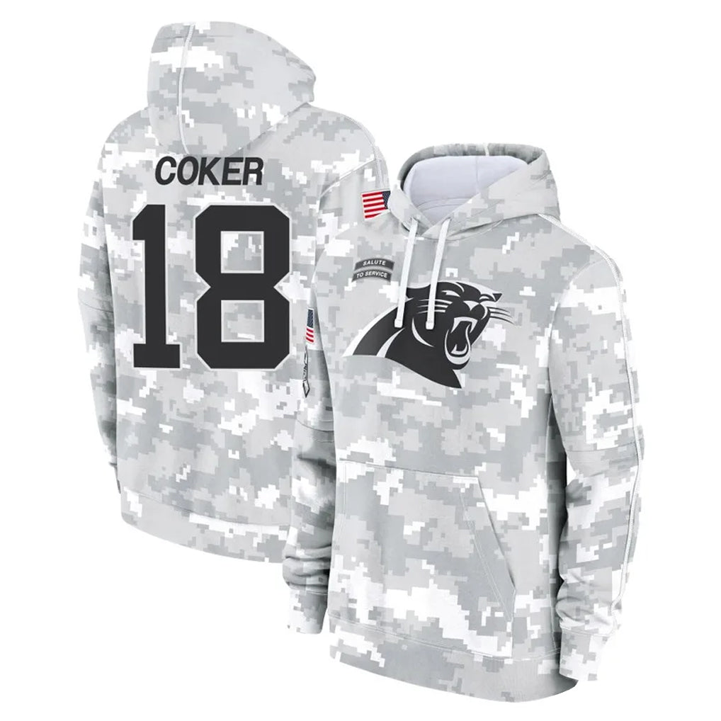 C.Panthers #18 Jalen Coker Player Arctic Camo Salute to Service Pullover Hoodies Limited Game Edoa Stitched Jerseys