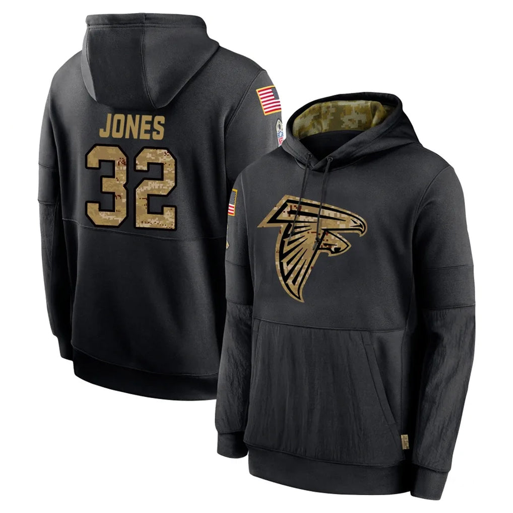 A.Falcons #32 Cash Jones Player Black Salute to Service Hoodies Game Edoa Stitched Jerseys