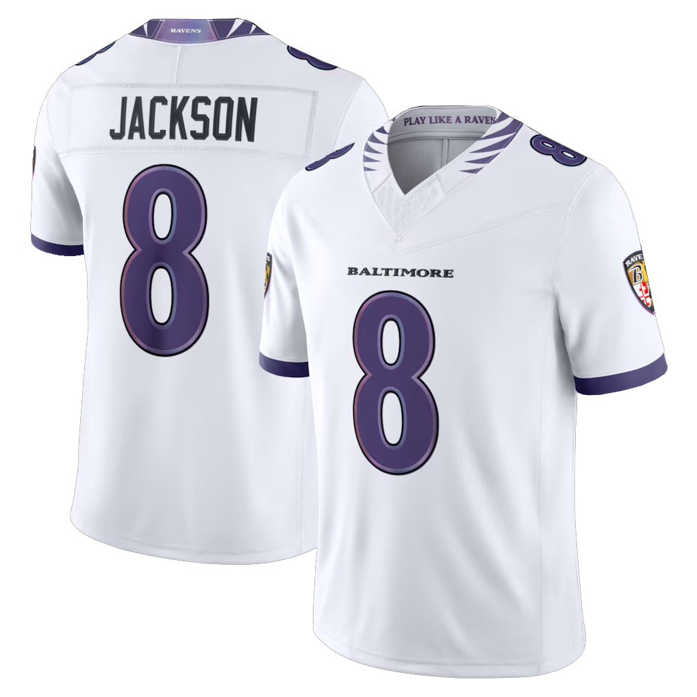 B.Ravens #8 Lamar Jackson Player White Limited Elite Home Game Edoa Stitched Jerseys