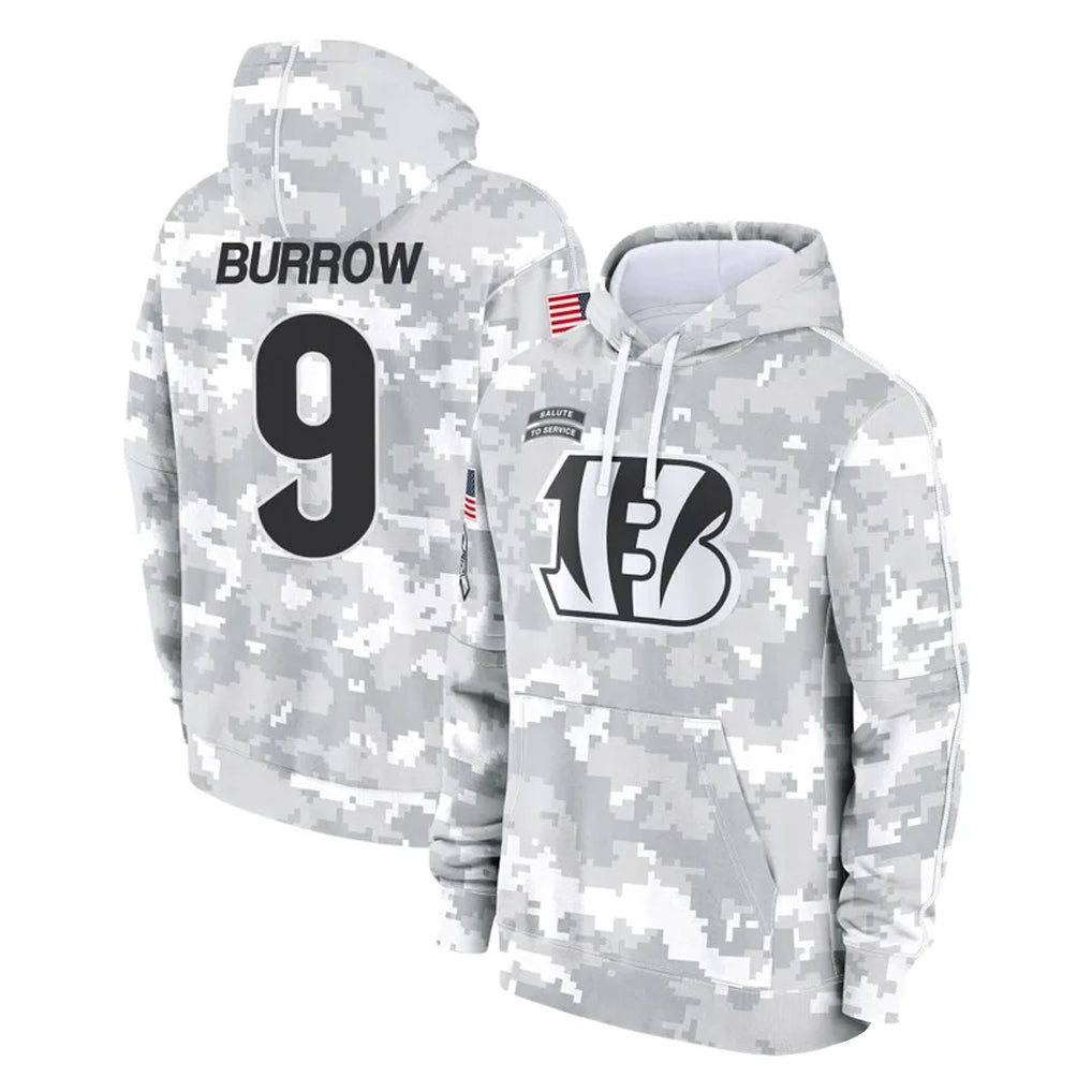 C.Bengals #9 Joe Burrow Player Arctic Camo Salute to Service Pullover Hoodie Limited Edoa Stitched Jerseys