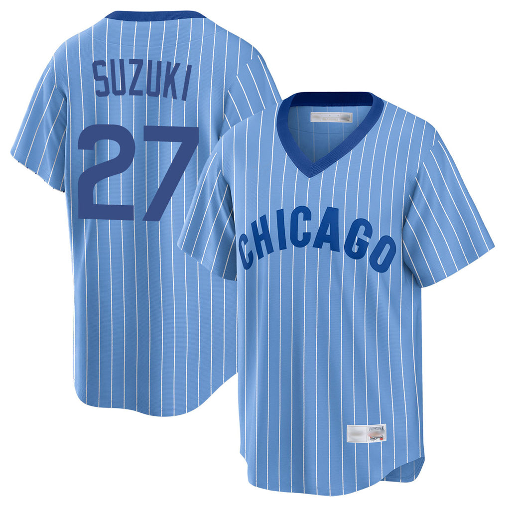 C.Cubs #27 Seiya Suzuki Player Blue T-shirt Cooperstown Collection Limited Edoa Stitched Jerseys