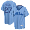 C.Cubs #27 Seiya Suzuki Player Blue T-shirt Cooperstown Collection Limited Edoa Stitched Jerseys