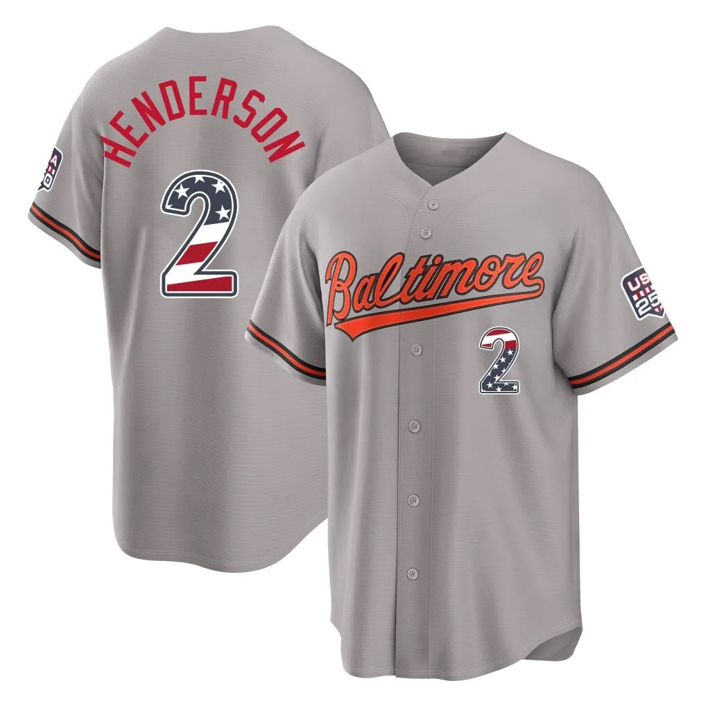 B.Orioles #2 Gunnar Henderson Player Gray USA 250 Fourth of July Home Game Edoa Stitched Jerseys
