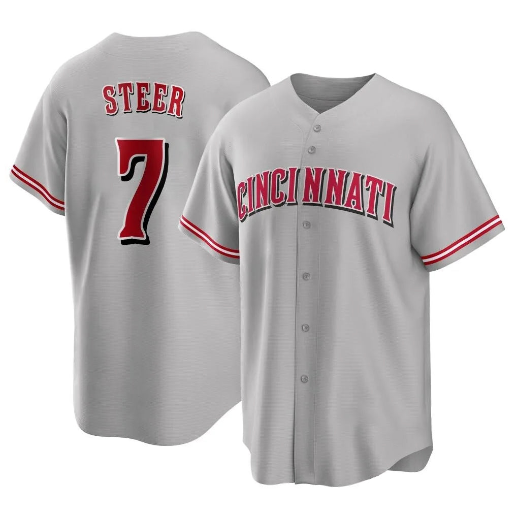 C.Reds #7 Spencer Steer Player Gray Home Game Edoa Stitched Jerseys